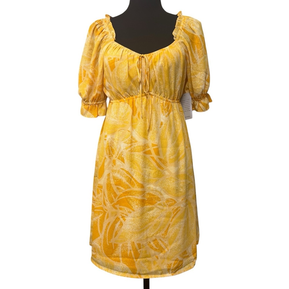 19Cooper Leaf Print Yellow Chiffon Sweatheart Neckline Empire‎ Waist Lined Small